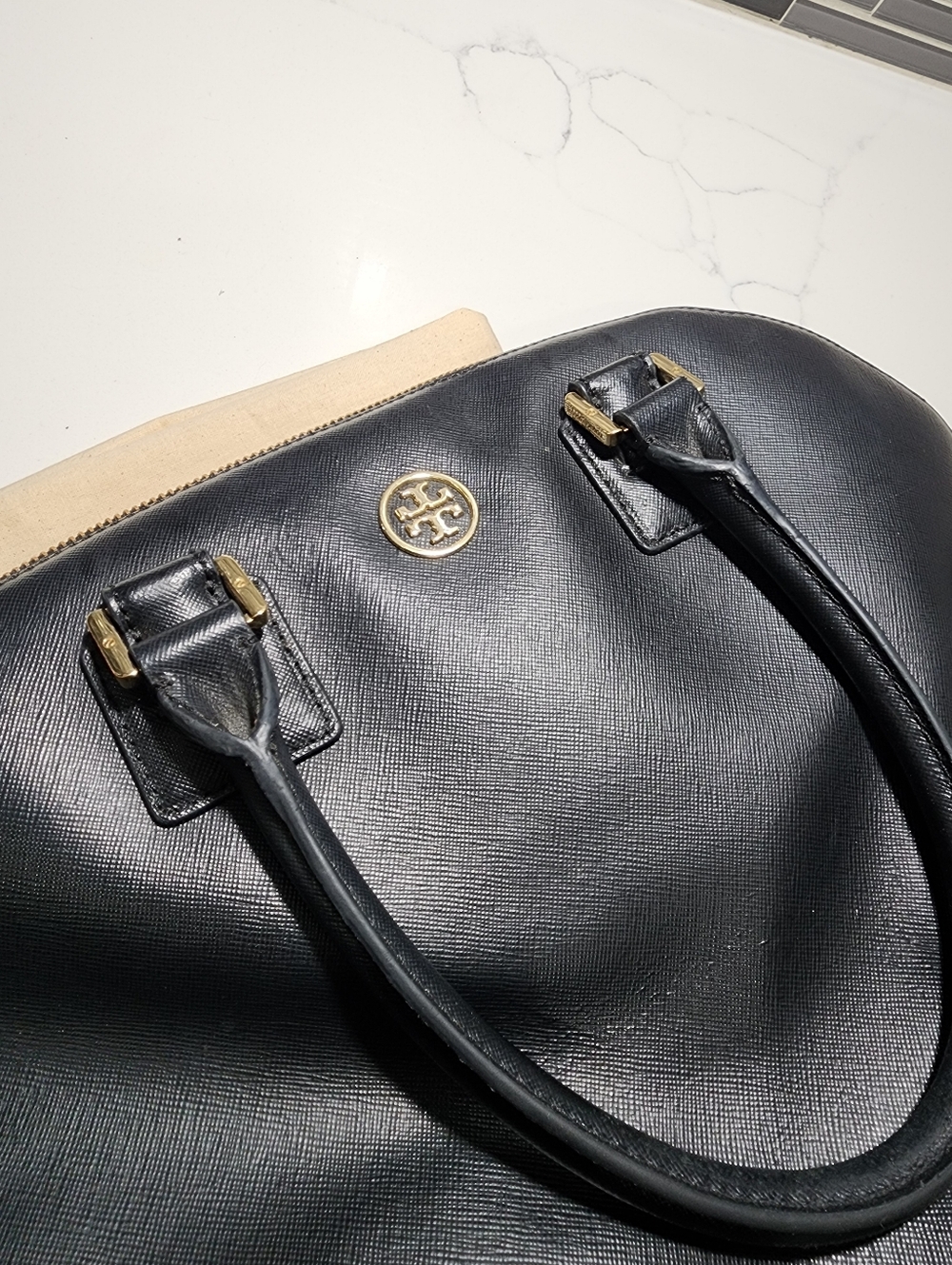 Tory Burch Black Leather Dome Satchel with Gold Hardware - Picture 6 of 13
